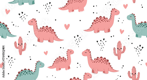 Cute dinosaur pattern with hearts and cactus on white background.