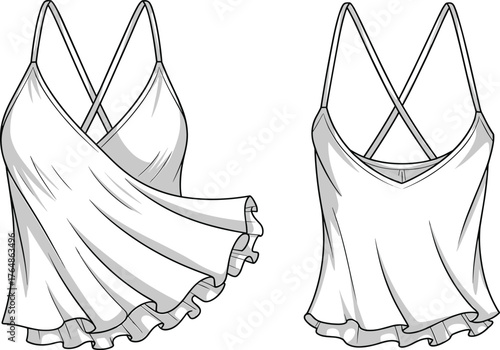 Sleeveless ruffle hem top illustration, women’s fashion sketch, front and back view, crisscross strap design, wrap bodice detail, garment template, clothing mockup, stylish summer blouse