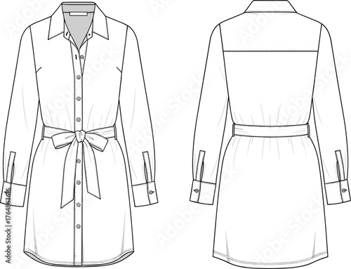 Technical fashion illustration of long sleeve shirt dress, front and back view, waist tie belt, button down, apparel design sketch