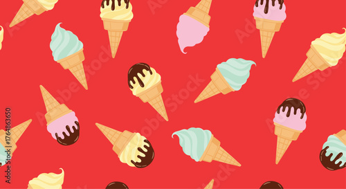 Colorful Ice Cream Cones Pattern on Red Background.