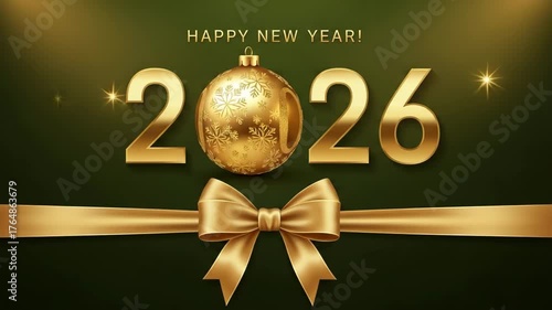 Elegant 2026 new year greeting with golden bauble and ribbon