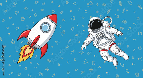 Astronaut and Rocketship Exploring the Vastness of Space.