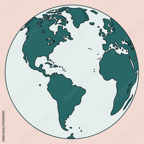A stylized globe showing North and South America, plus parts of Europe and Africa; land is dark green, oceans are light gray-blue, set against a pale pink background.