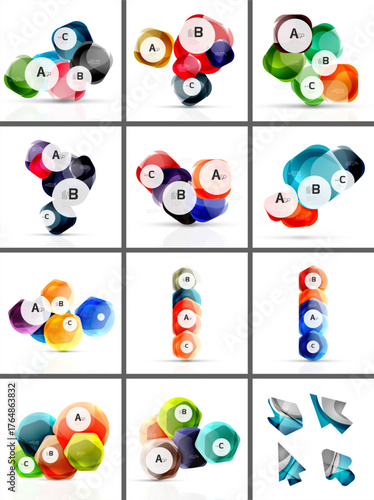 Colorful abstract vector icons. Overlapping shapes create dynamic designs. Letters mark sections within each graphic element.