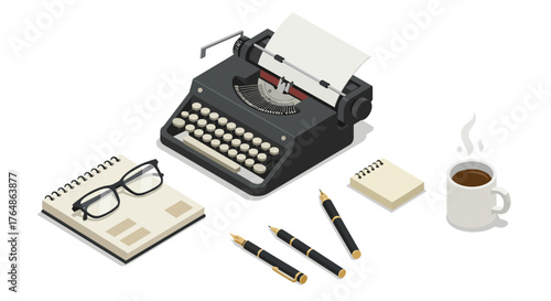 Vintage typewriter and office supplies in stylish isometric design