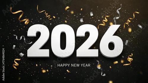 Happy new year 2026 with confetti and streamers celebration