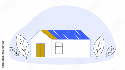 An ecofriendly community center constructed from reclaimed materials showcasing solar panels on the roof and large windows for natural light surrounded by native plants.