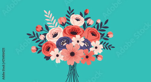 Beautiful bouquet of colorful flowers on a turquoise background.