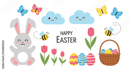 Easter Bunny and Eggs Basket with Springtime Decorations.