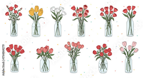 Vases of colorful flowers in a row, beautiful floral arrangements.