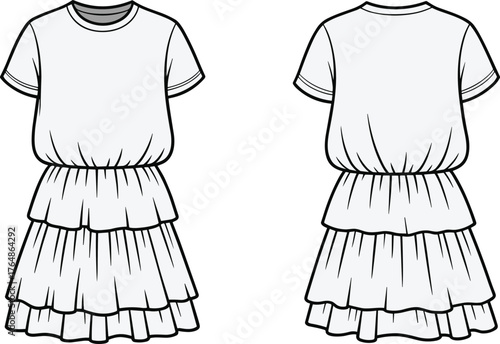 Tiered ruffle dress illustration, women’s fashion sketch, front and back view, short sleeve design, cinched waist detail, garment template, clothing mockup, stylish summer dress