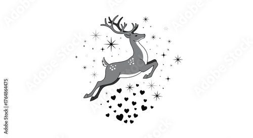 Reindeer leaping through the starry night sky with hearts.