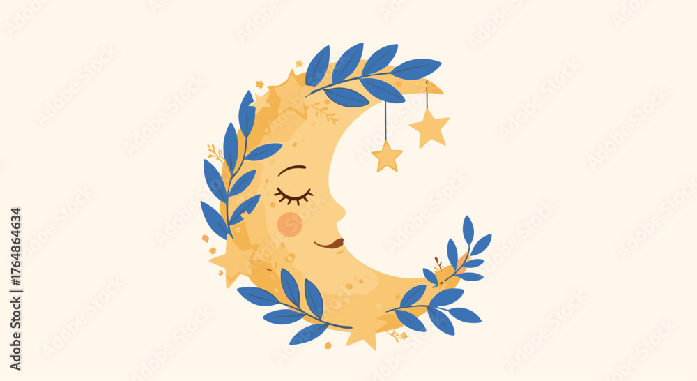 Obraz premium Dreamy Crescent Moon with Leaves and Stars Illustration.