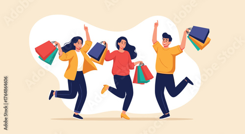 Joyful Shoppers Celebrating Purchases with Colorful Shopping Bags.