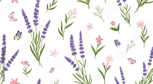 Floral Lavender Field with Butterflies and Flowers on White Background.