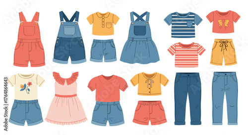 Collection of childrens clothing items for summer season.