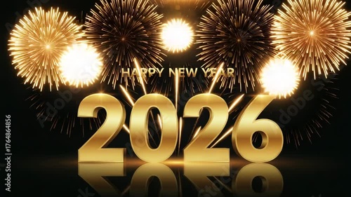 Golden 2026 new year celebration with fireworks and reflection