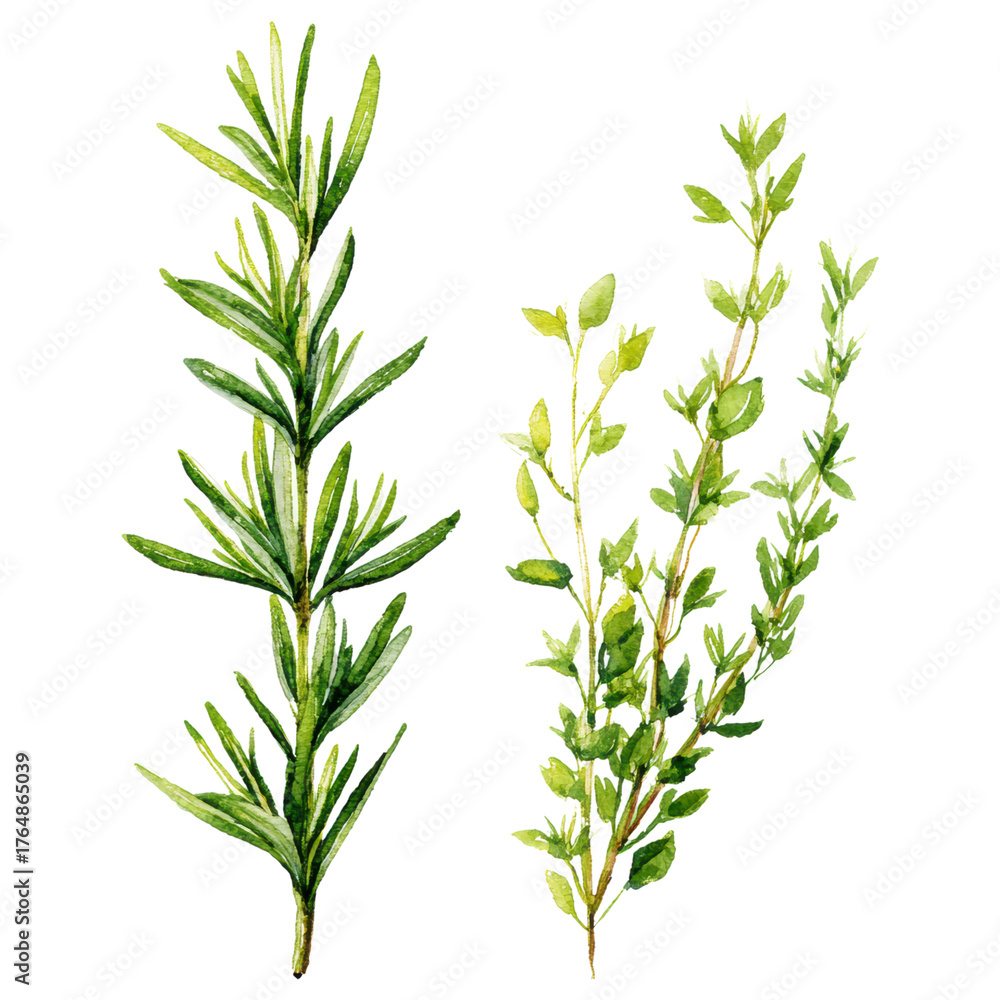 Fototapeta premium Fresh herb sprig rosemary thyme green leaves natural botanical illustration calm Clipart Photo isolated on transparency background