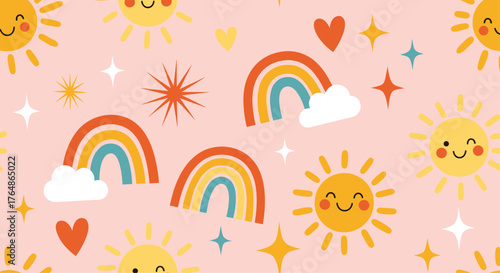 Cute cartoon suns rainbows and hearts on pink background.