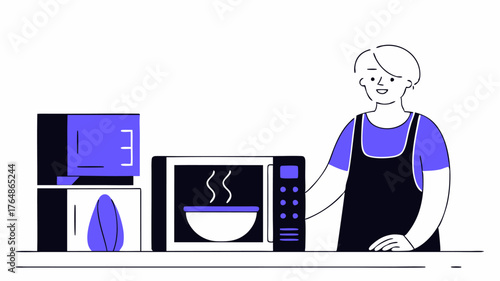 A kitchen scene where an elderly woman is reheating a delivered meal in a microwave highlighting convenient cooking and meal preparation solutions.