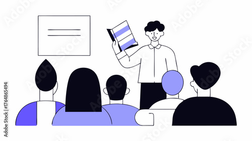 A classroom scene with a teacher showing a diverse range of LGBTQ+ books to students promoting education and understanding as forms of allyship.