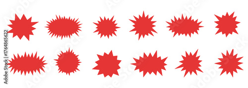 Bursting shape speech bubbles set. Starburst and sunburst cartoon shapes. Splash star icon set in flat style. Set of explosion background for a surprising and shocking moment with sample texts.