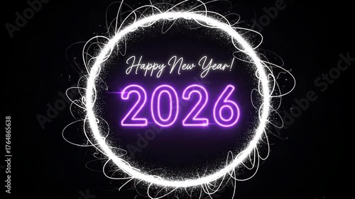 Happy new year 2026 neon circle with abstract swirls