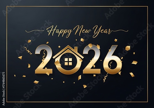 Happy new year 2026 with a golden house symbol and falling confetti