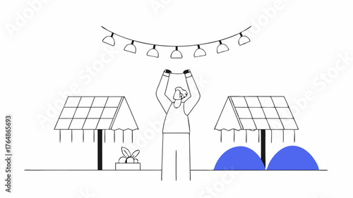 A volunteer adjusting a solarpowered light string above the market area illuminating the space as evening approaches creating a warm and inviting atmosphere.