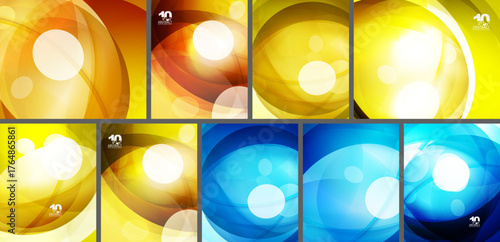 Bright abstract backgrounds, circular shapes, vibrant colors. Designs feature glowing orbs, smooth gradients, dynamic curves.
