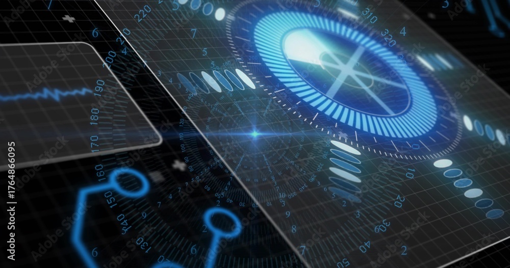 Fototapeta premium Projecting circular gauge indicating data on HUD with floating nodes and waveform panel, copy space