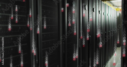 Showing server cabinets running inside data center, with blinking LEDs, cable trays and binary code