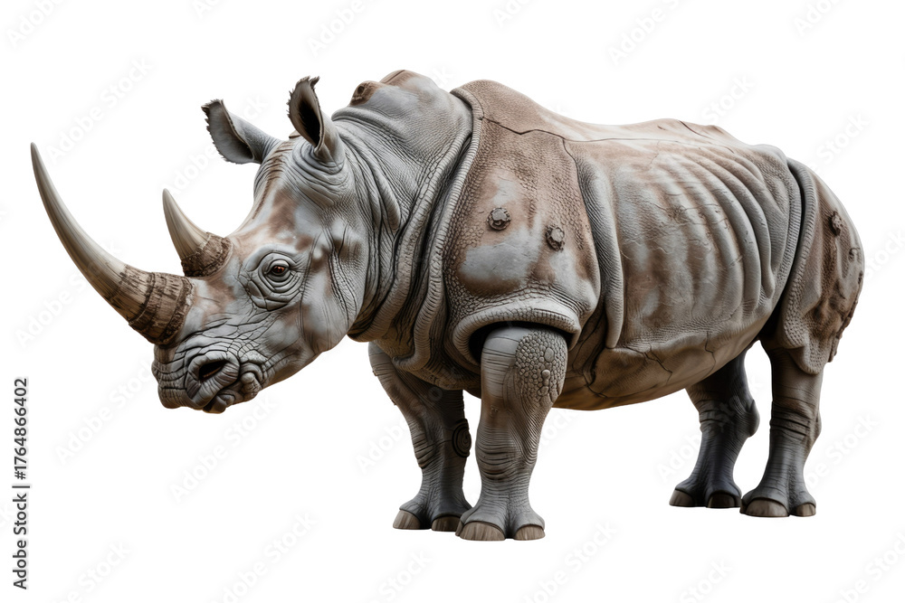 Obraz premium A powerful white rhinoceros with iconic two horns and textured grey skin stands isolated on a transparent background, highlighting its grandeur. background removed