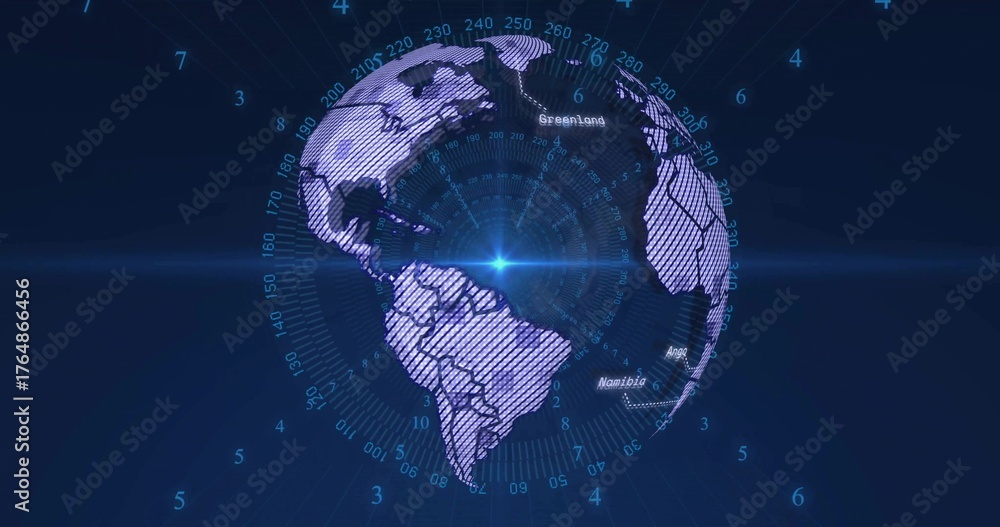 Fototapeta premium Showing holographic Earth globe in dark blue digital interface, with rings and region labels
