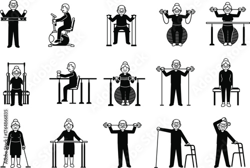 Elderly Exercising with Adaptive Fitness Equipment ,Vector Health & Wellness Illustration