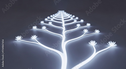 Abstract glowing white tree-like fractal structure with multiple branches extending into a dark, infinite background, symbolizing growth or a network.