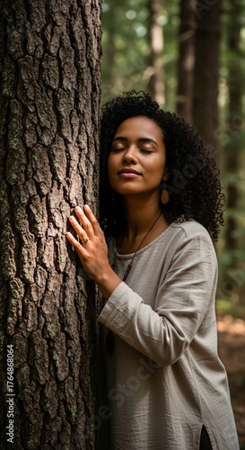 A woman with curly hair leans against a tree in a forest, eyes closed, enjoying nature.