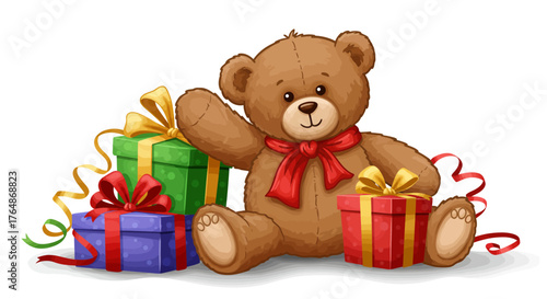 Cute teddy bear with gifts and ribbons for celebrations