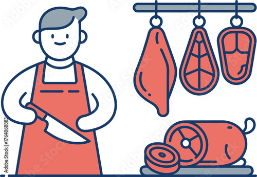 Friendly butcher holding knife with fresh meat cuts displayed