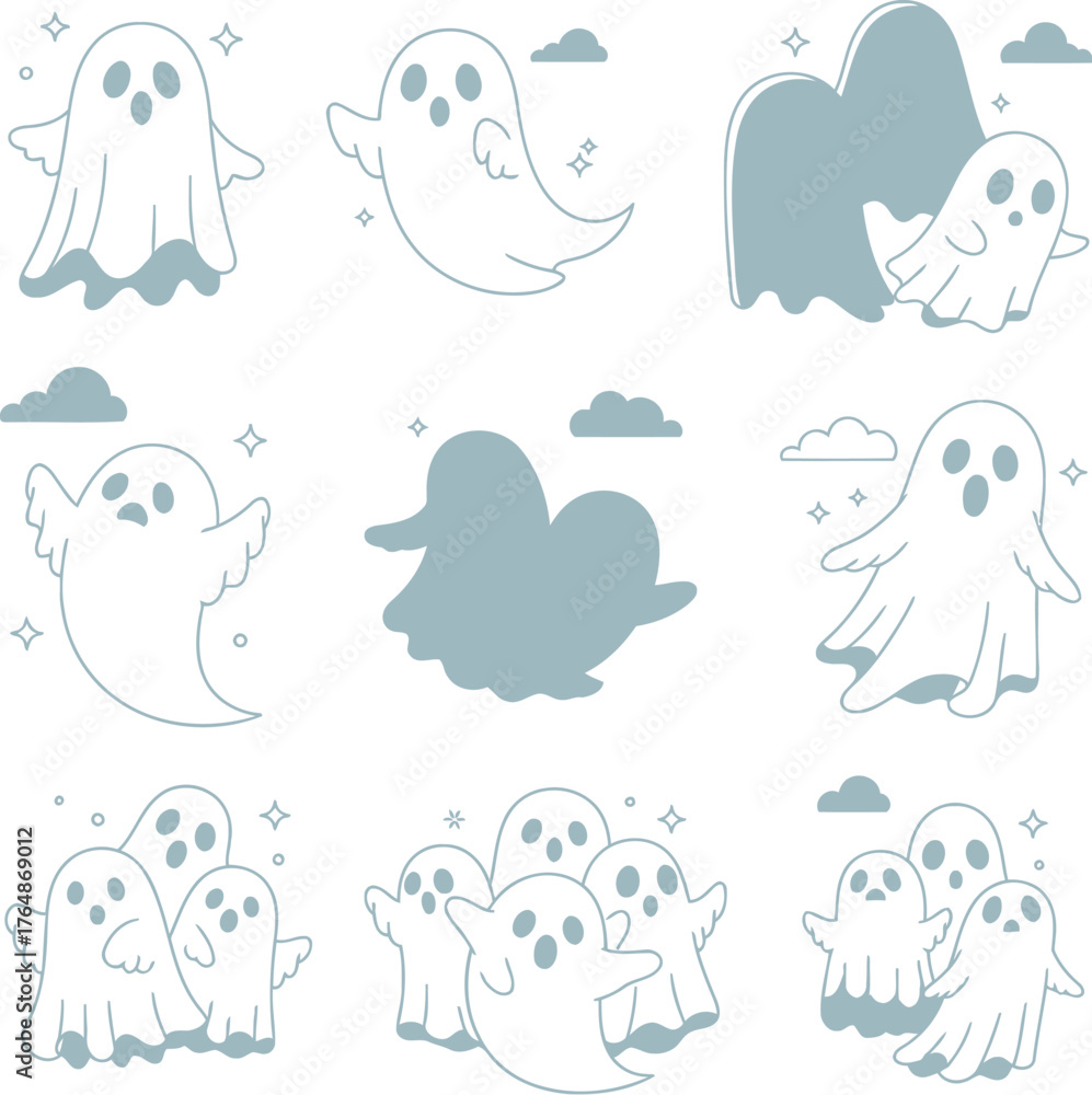 Obraz premium Collection of cute ghost silhouettes with clouds and sparkles cartoon Halloween