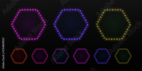 Light hexagon neon frame with bulbs. Glow retro lamps border for advertising casino, cinema and parties. Vector set of led elements.
