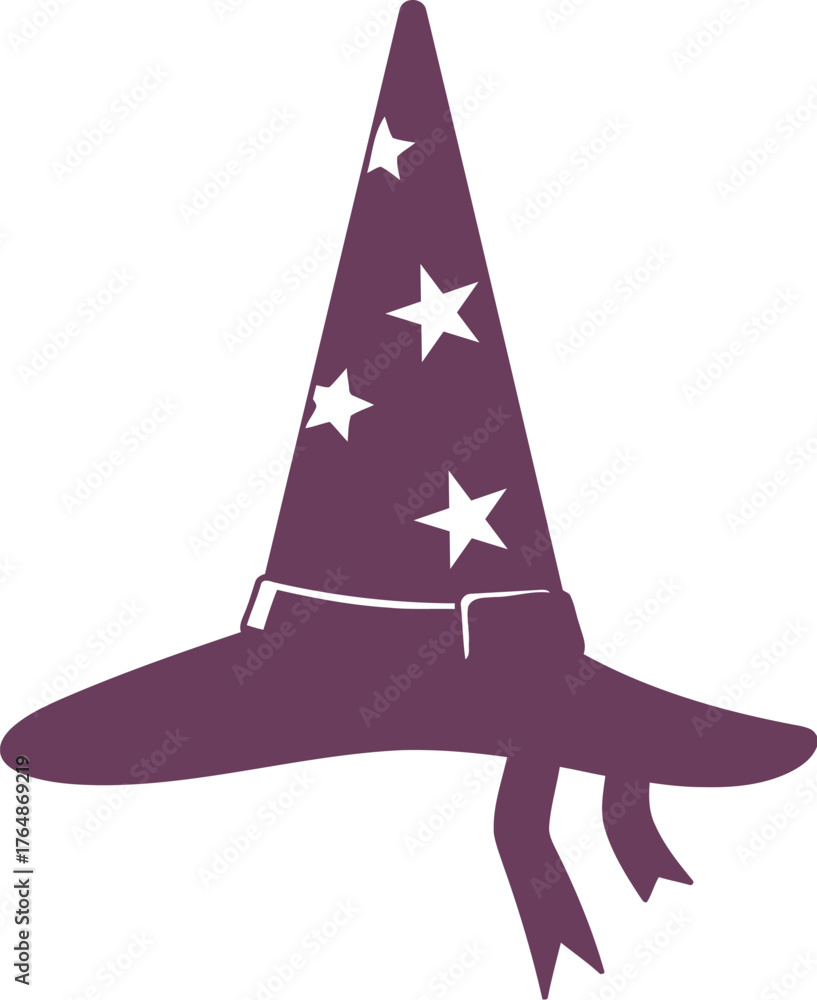 Fototapeta premium Purple wizard hat with stars and ribbons magic hat witch hat