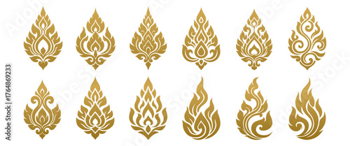 Traditional Thai Kanok and Flame Ornament Collection for Decorative Art Design