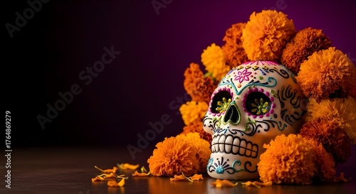 Day of the Dead Sugar Skull Surrounded by Marigold Flowers – Festive Mexican Holiday 3D Illustration with Copy Space