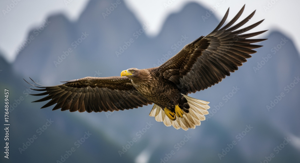 Naklejka premium Majestic eagle soars through the air, wings spread wide, against a backdrop of blurred mountain peaks.