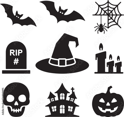 Diverse Spooky Halloween Silhouette Icons Collection for Festive Celebrations and Design Elements