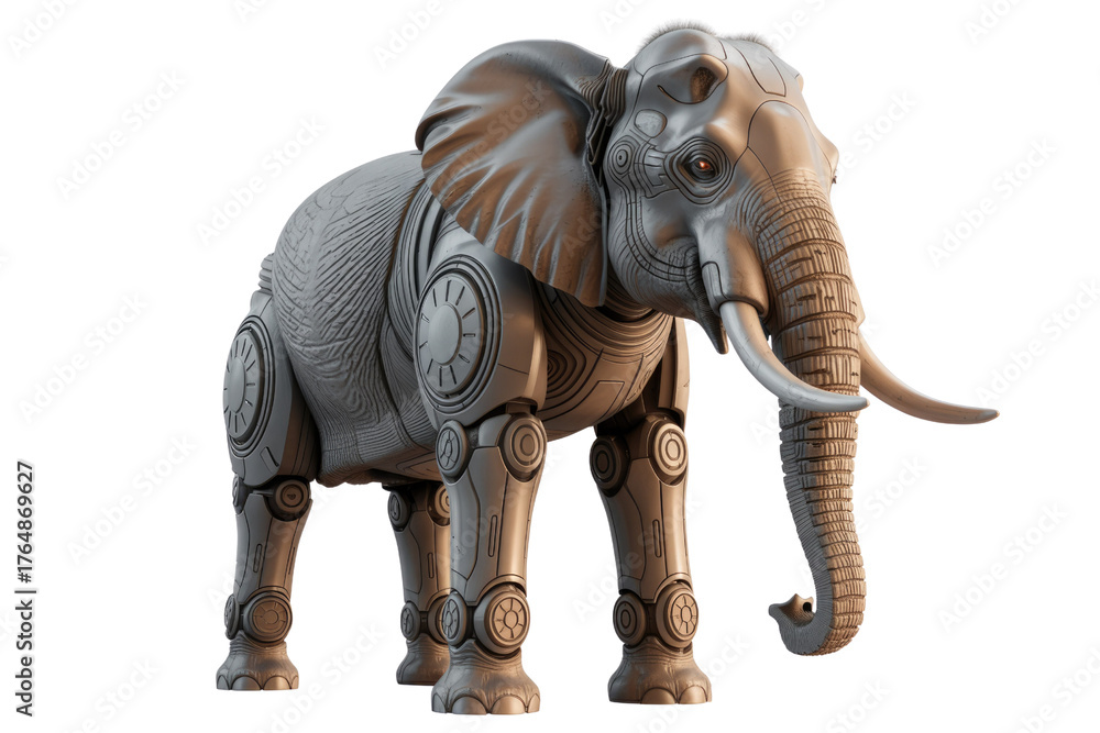 Fototapeta premium A striking 3D render of a futuristic robotic elephant, blending organic and mechanical elements with intricate metallic details and powerful design. background removed