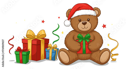 Cute christmas teddy bear with santa hat and gifts on white background