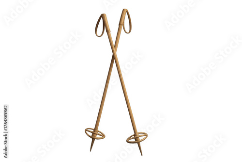 Vintage wooden ski poles crossed, old winter sports equipment on transparent background, retro alpine skiing accessory