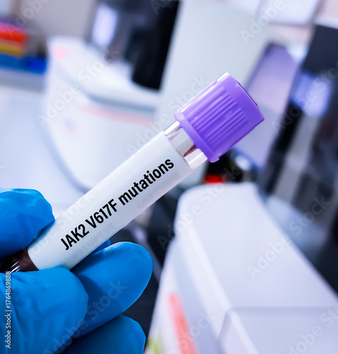 Blood sample for JAK2 V617F mutation test, It7 is a specific mutation in the JAK2 gene commonly associated with polycythemia vera, a type of myeloproliferative disorder
